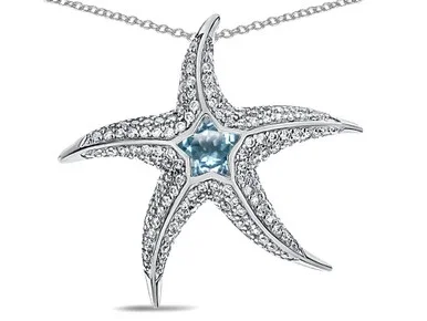Star K Sterling Silver Simulated Aquamarine Star Fish Pendant Necklace