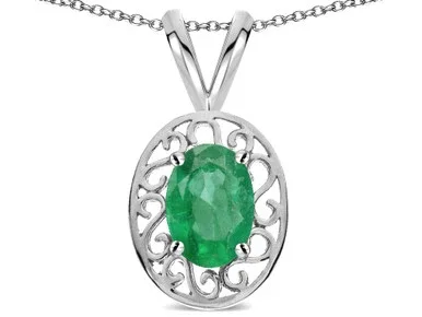 Star K Vintage Style Filigree Oval 6x4mm Genuine Emerald Pendant Necklace – 313900A