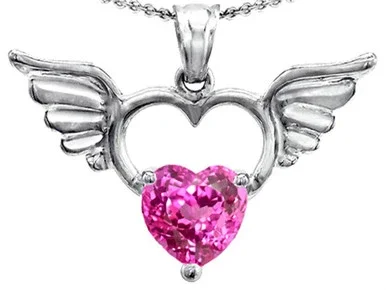 Star K Wings Of Love Birth Month Pendant Necklace with 8mm Heart Shape Created Pink Sapphire in Sterling Silver