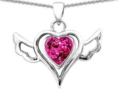 Star K Wings Of Love Pendant Necklace with Heart Created Pink Sapphire in Sterling Silver