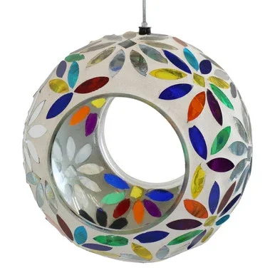 Sunnydaze Outdoor Garden Patio Round Glass with Mosaic Daisy Design Hanging Fly-Through Bird Feeder – 6″ – Blue, Red, Green, Yellow, and White