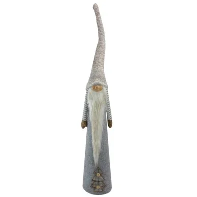 Tall Cone Gnome with Buttoned Plaid Christmas Tree Figure – 22″ – Gray and Brown