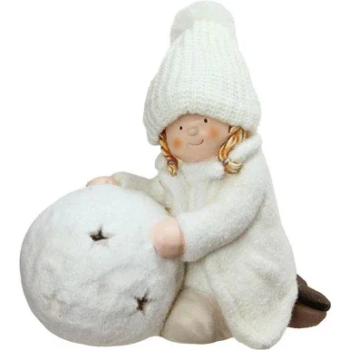 Tealight Snowball with Kneeling Girl Christmas Candle Holder – 12.5″ – White