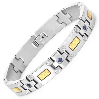 Titanium Mens Bracelet, Mens Titanium Bracelet with Gold Plated Steel Inlay, 0.56ctw. Natural Blue Sapphire Rounds