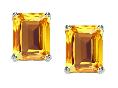Tommaso Design 8x6mm Emerald Cut Genuine Citrine Earrings Studs in 14 kt White Gold 308721B