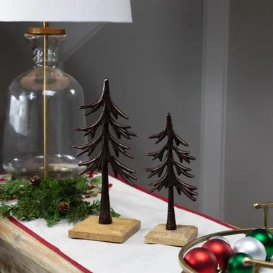 Trees on Wood Base Metal Christmas Decorations – 11.5″ – Bronze – Set of 2