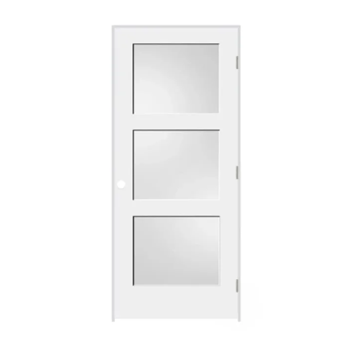 Trimlite 18″ by 80″ 3-Lite Shaker Left Handed Interior Prehung Passage Door with Satin Nickel Hinges and 6-9/16″ Door Jamb