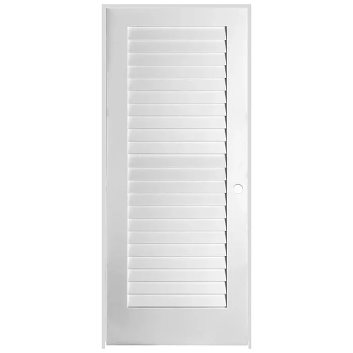 Trimlite 24″ W x 80″ H Plantation Full Louver Primed Solid Core 6-9/16″ Jamb Left Handed Interior Pre Hung Passage Door with Black Hinges
