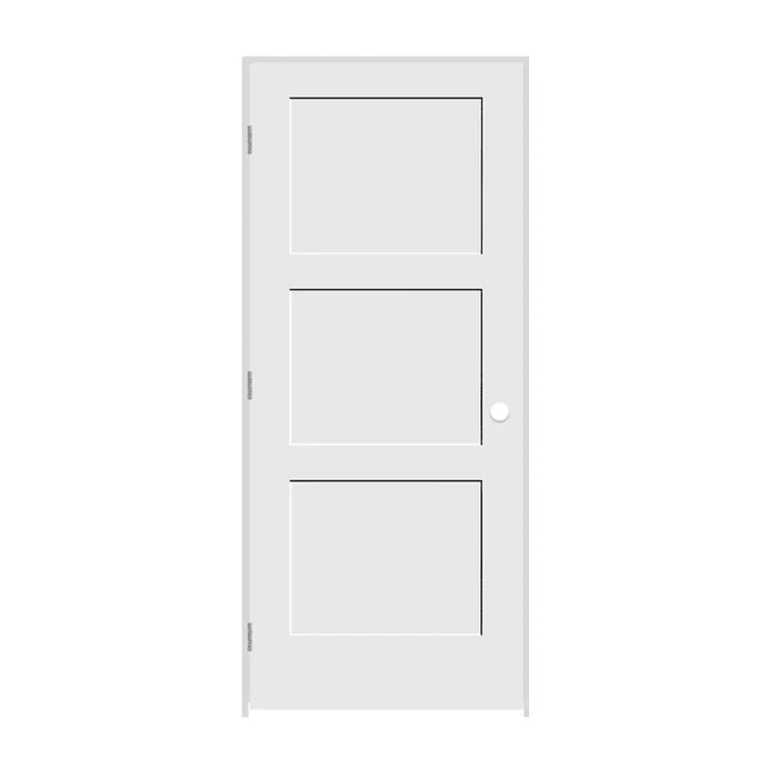 Trimlite 28″ by 84″ Shaker 3 Panel Right Handed Interior Prehung Passage Door with Brushed Chrome Hinges and 7-1/4″ Door Jamb