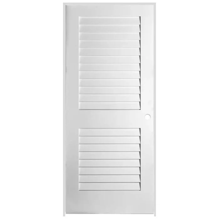 Trimlite 28″ W x 84″ H Plantation Full Louver Primed Solid Core 6-9/16″ Jamb Left Handed Interior Pre Hung Passage Door with Black Hinges