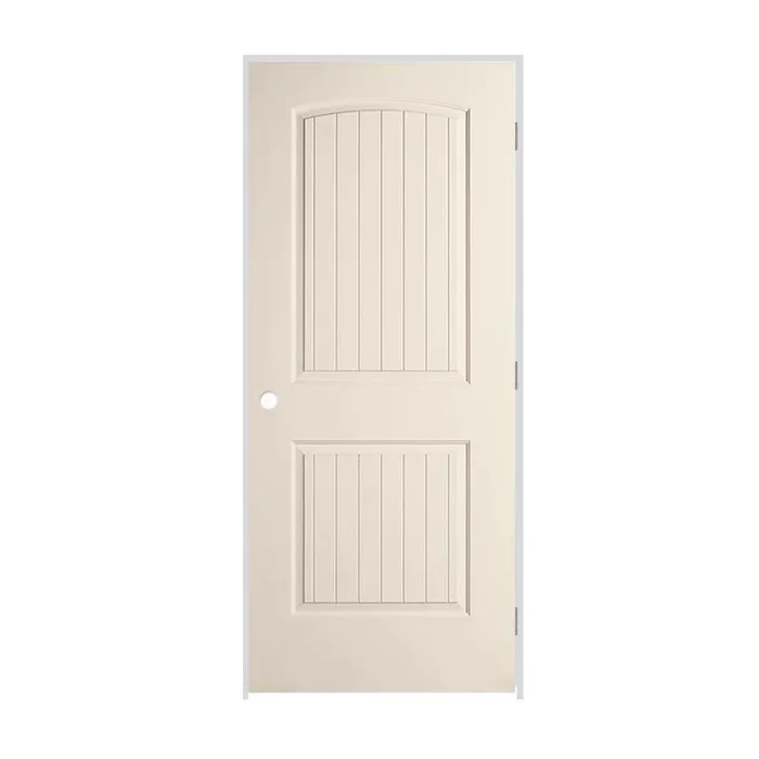 Trimlite 28″ x 80″ Primed 2-Panel Arch Top V-Groove Santa Fe Molded Hollow Core 4-9/16″ Jamb Left Hand Prehung Door with Satin Nickel Hinges