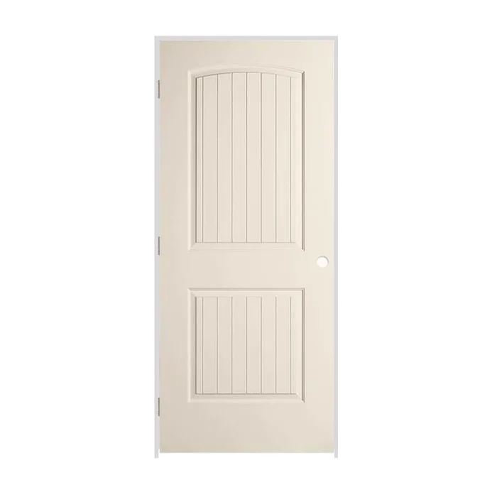 Trimlite 28″ x 80″ Primed 2-Panel Arch Top V-Groove Santa Fe Molded Hollow Core 7-1/4″ Jamb Right Hand Prehung Door with Brushed Chrome Hinges