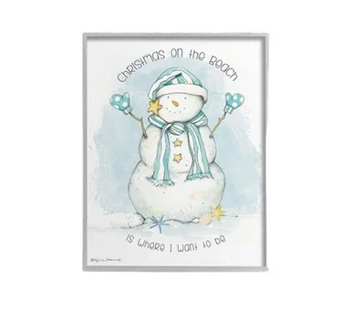 White and Blue Framed “Christmas On the Beach” Snowman Wall Art Decor 20″ x 16″
