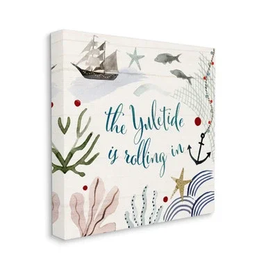 White and Blue Yuletide Rolling In Nautical Beach Christmas Phrase Stretched Wall Art 24″