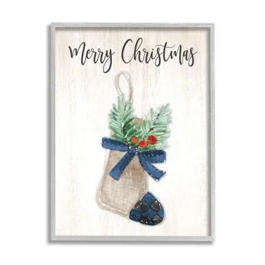 White and Gray “Merry Christmas” Plaid Holiday Stocking Framed Wall Art 14″ x 11″