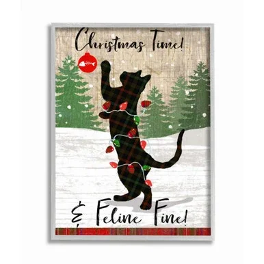 White and Green Christmas Time Phrase Family Cat Farmhouse Rustic Framed Wall Art Decor 20″ x 16″