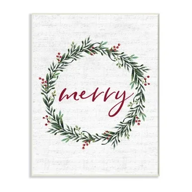 White and Red “Merry” Wreath Giclee Texturized Christmas Wall Plaque Art 19″ x 13″
