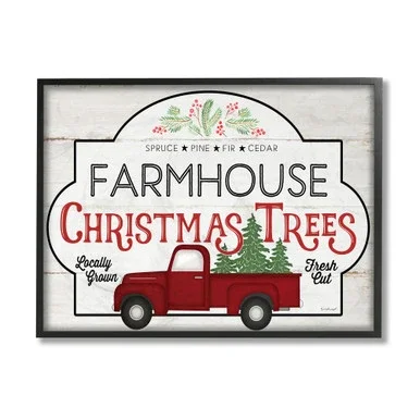 White and Red Farmhouse Christmas Tree Black Framed Giclee Texturized Wall Art Decor 16″ x 20″