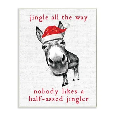 White and Red Jingle All The Way Sassy Christmas Donkey Rectangular Wall Plaque Art 19″ x 13″