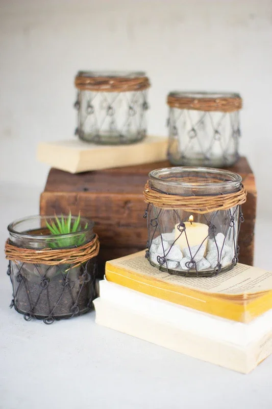 Wicker and wire wrapped glass votive