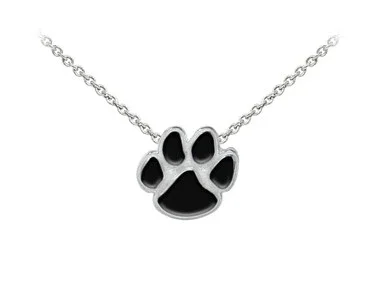 Wind and Fire Black Enameled Paw Print Dainty Pendant Necklace with 18 Inch Adjustable Chain in Sterling Silver