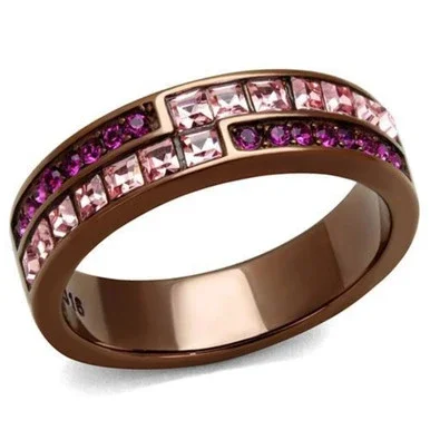 Women’s Light Coffee Ion Plated Stainless Steel Ring with Multicolor Crystals, Size 7