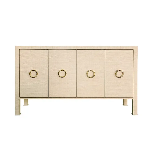 Worlds Away – Four Door Buffet With Antique Brass Circle Hardware in Natural Grasscloth – RUE NAT