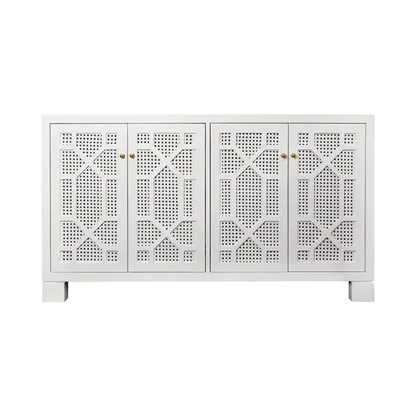 Worlds Away – Four Door Buffet With Trellis Over Painted Cane Doors In Matte White Lacquer – CLAIRE WH