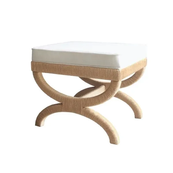 Worlds Away – Natural Rope Wrapped Base Stool With White Linen Cushion – XANADU