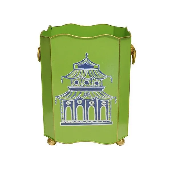 Worlds Away – Square Wastebasket With Raised Ends And Lion Handles In Green Pagoda – WBLIONSQ PAGGR