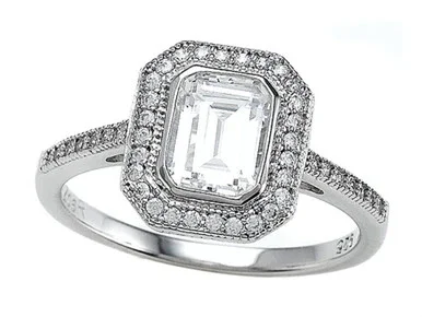 Zoe R Sterling Silver Micro Pave Hand Set Cubic Zirconia CZ Halo Emerald Cut Center Engagement Ring BM10485B – BM10485BT8